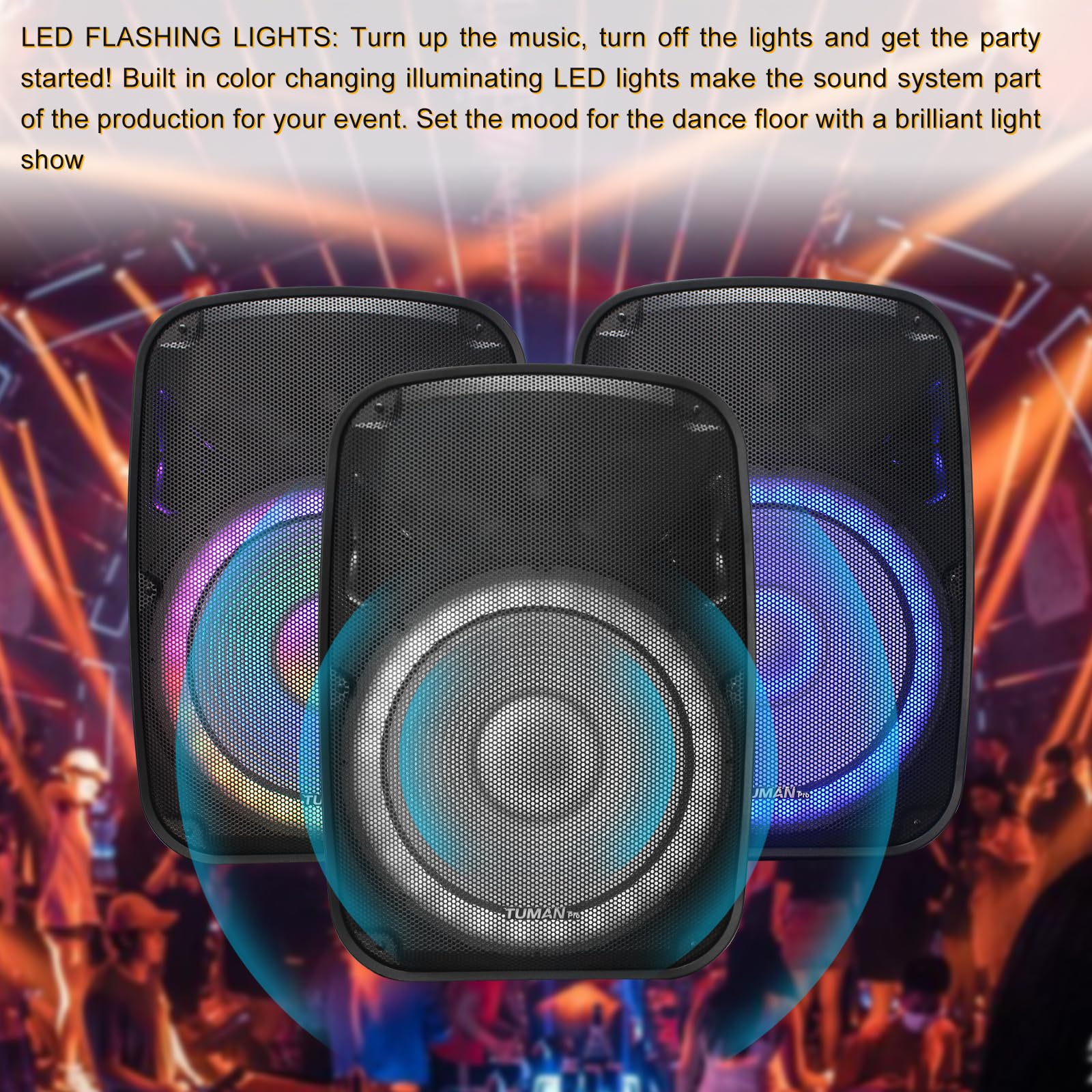 TUMAN Pro Portable 15-Inch PA Speaker System DJ Amplified Loud Speaker with Stand Bluetooth/USB/SD Card Reader/FM Radio/Remote C